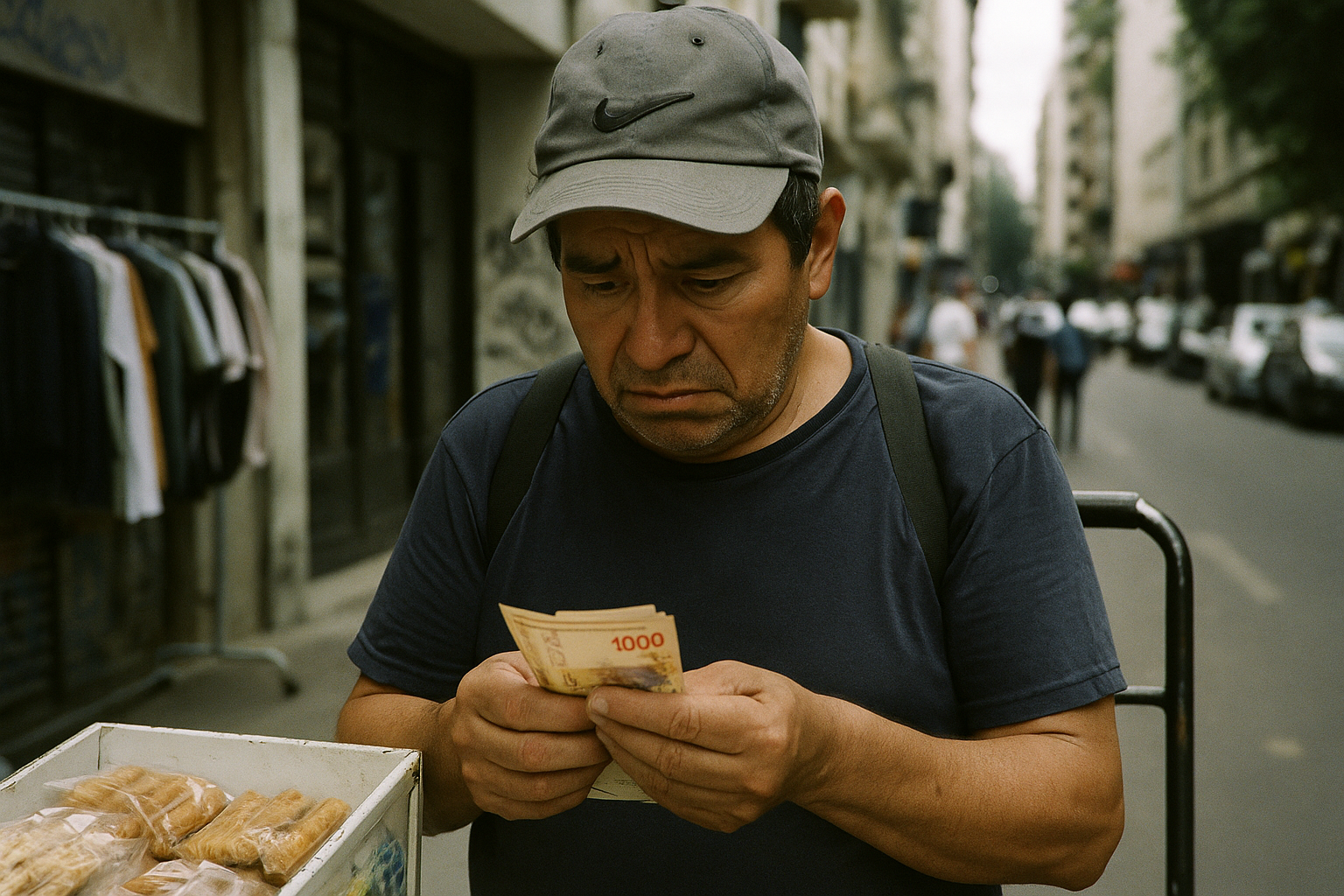 Un vendedor ambulante en Buenos Aires con una pila de pesos argentinos y una expresión de preocupación