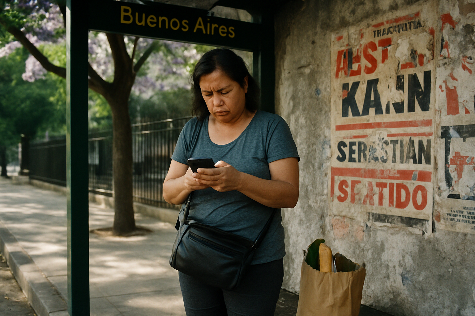 Mujer en parada de colectivo mirando su celular con bolsas de almacén a sus pies
