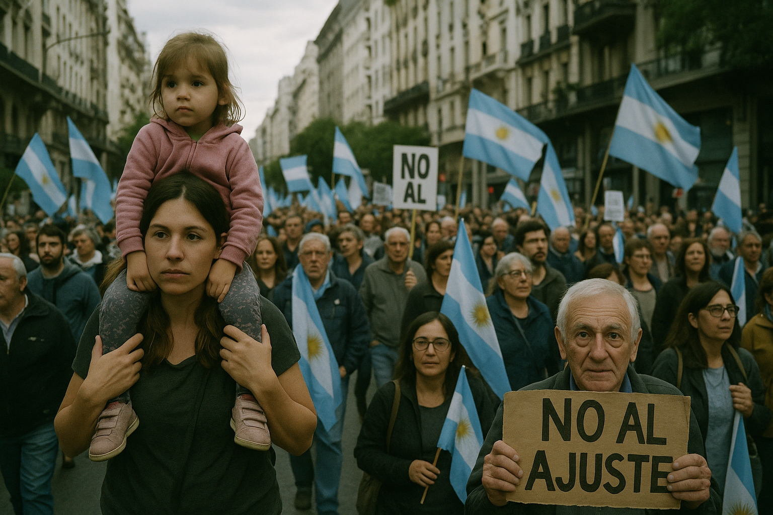 Multitud en una calle porteña durante una protesta contra el ajuste, con banderas argentinas y carteles.