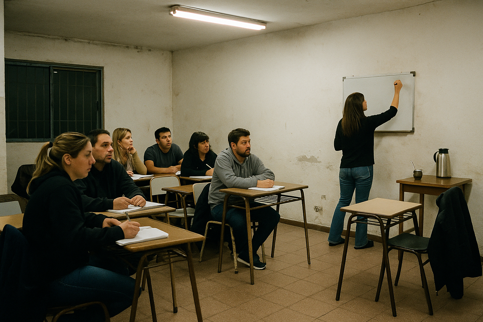 Estudiantes adultos en un aula de centro comunitario del conurbano durante una clase nocturna con docente al frente.