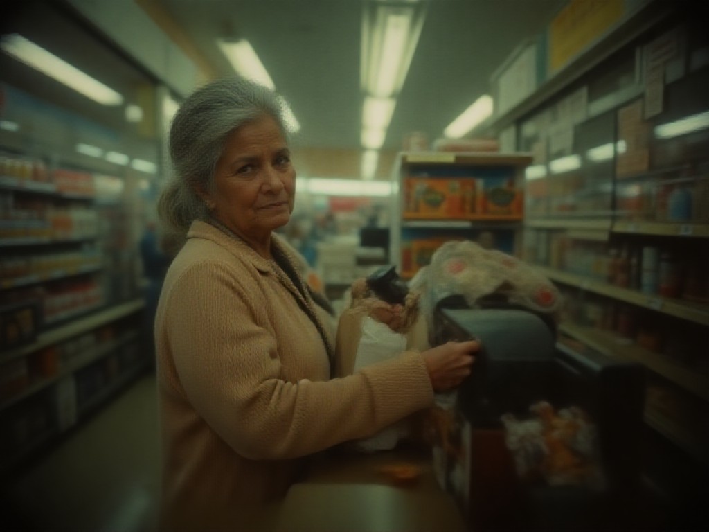 Una mujer paga con tarjeta pocos alimentos básicos en la caja de un supermercado de barrio.