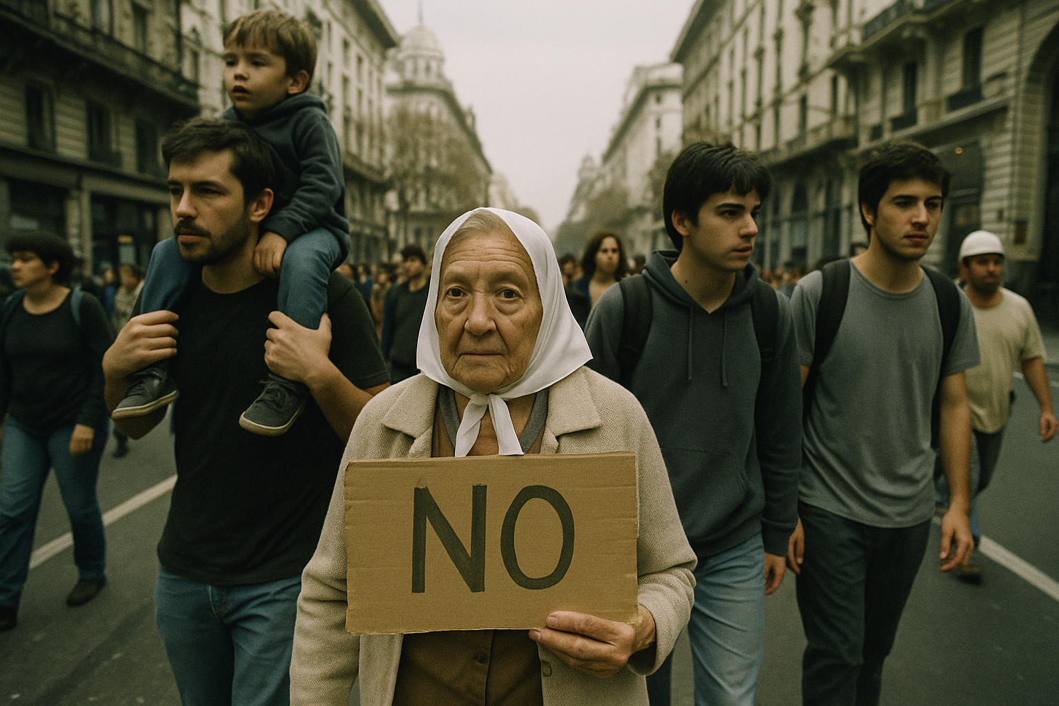 Trabajadores marchando con banderas en una calle urbana argentina durante manifestación histórica