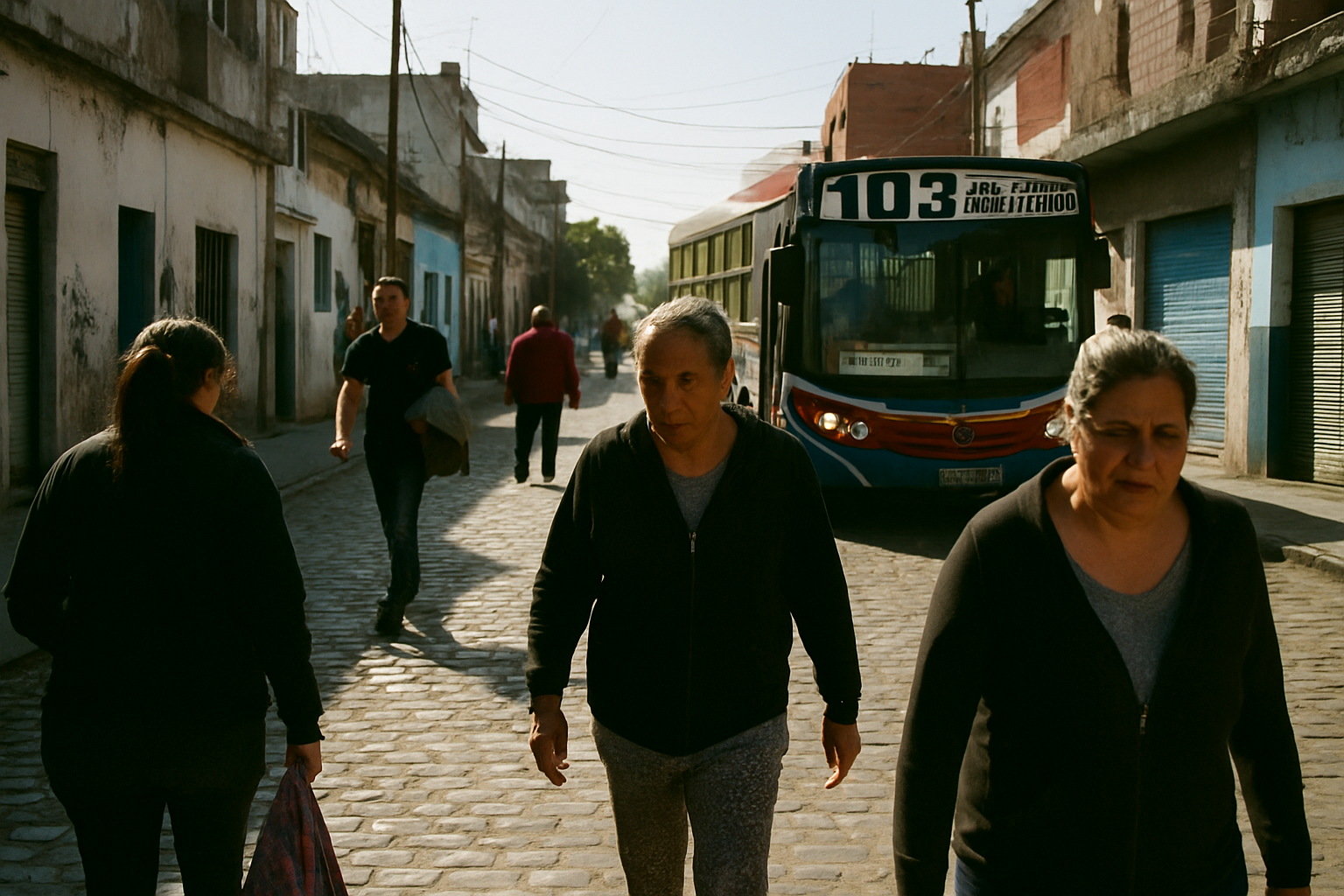 Personas caminando por una calle empedrada en un barrio popular de Buenos Aires