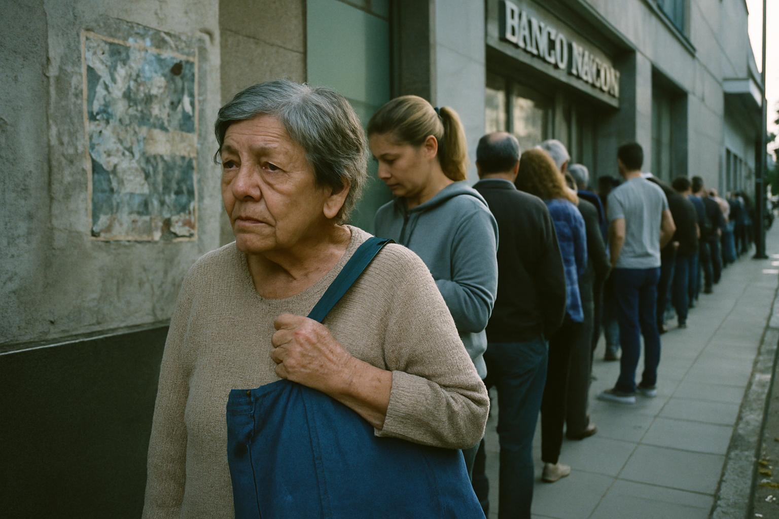 Mujer mayor con bolso de tela espera en fila frente a sucursal bancaria porteña.