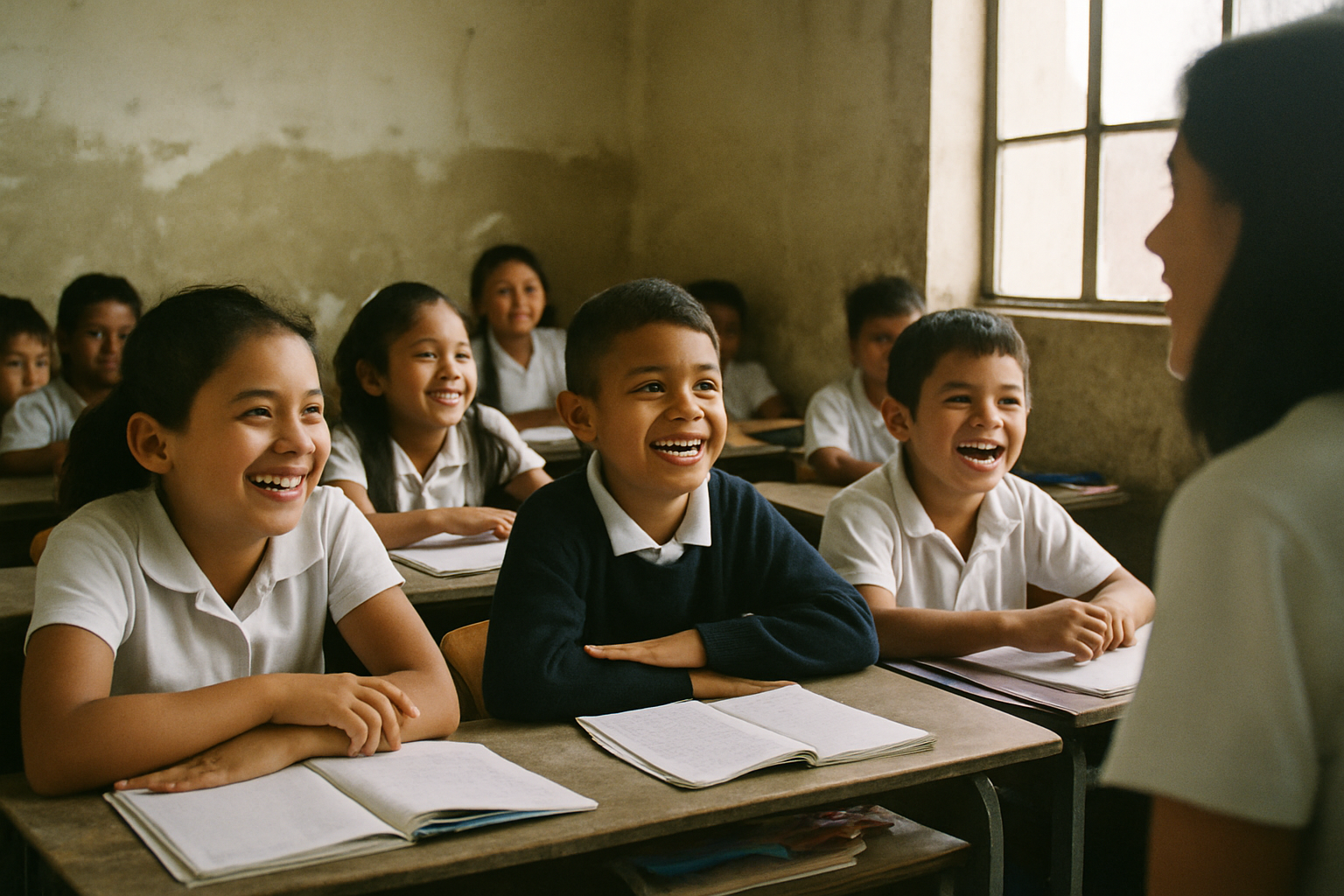 Niños sonríen en un aula con paredes desgastadas y luz natural.