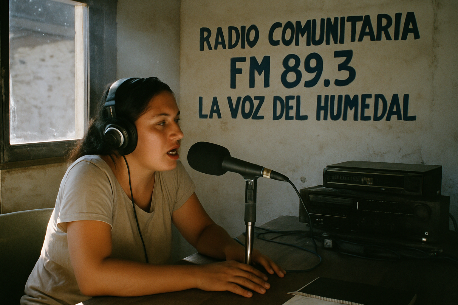 Una locutora transmite en una radio comunitaria rural, con un cartel que dice 'La Voz del Humedal'.