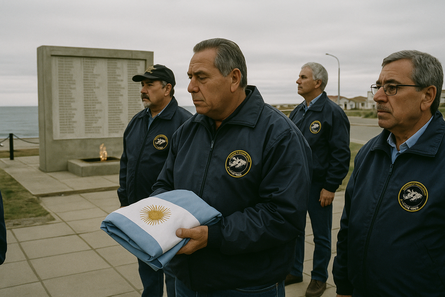 Veteranos de Malvinas con camperas azules frente a un monumento costero en una tarde nublada