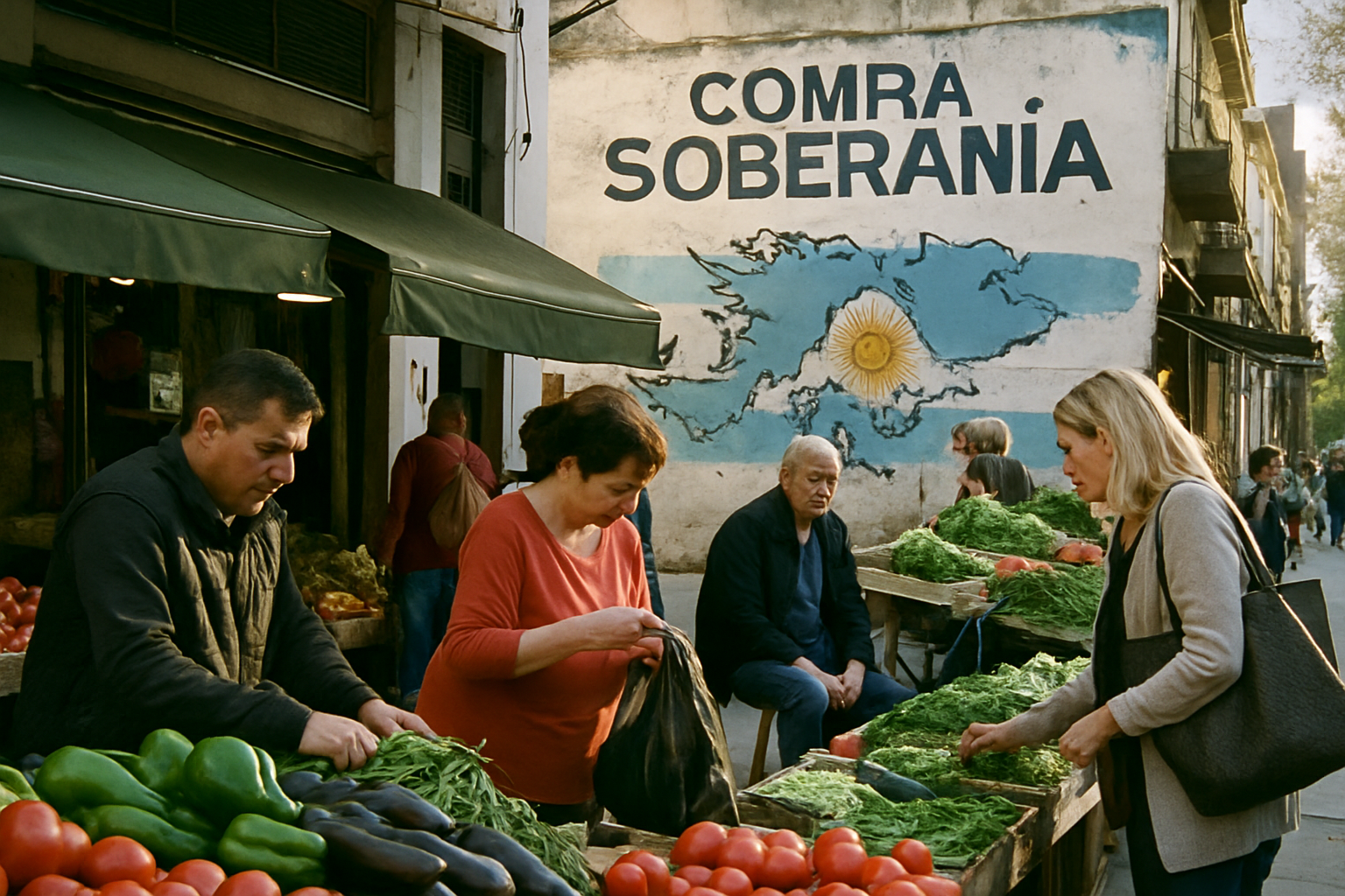 Comerciantes locales venden productos frescos en una calle de Buenos Aires.