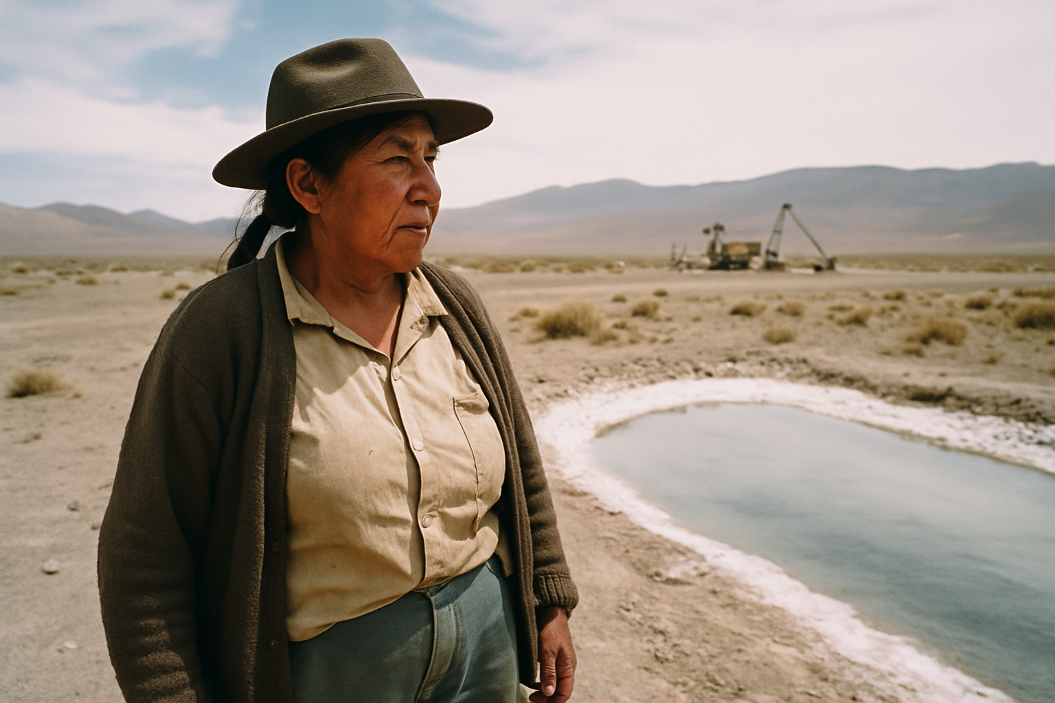 Mujer originaria de la Puna observa maquinaria minera en un salar argentino
