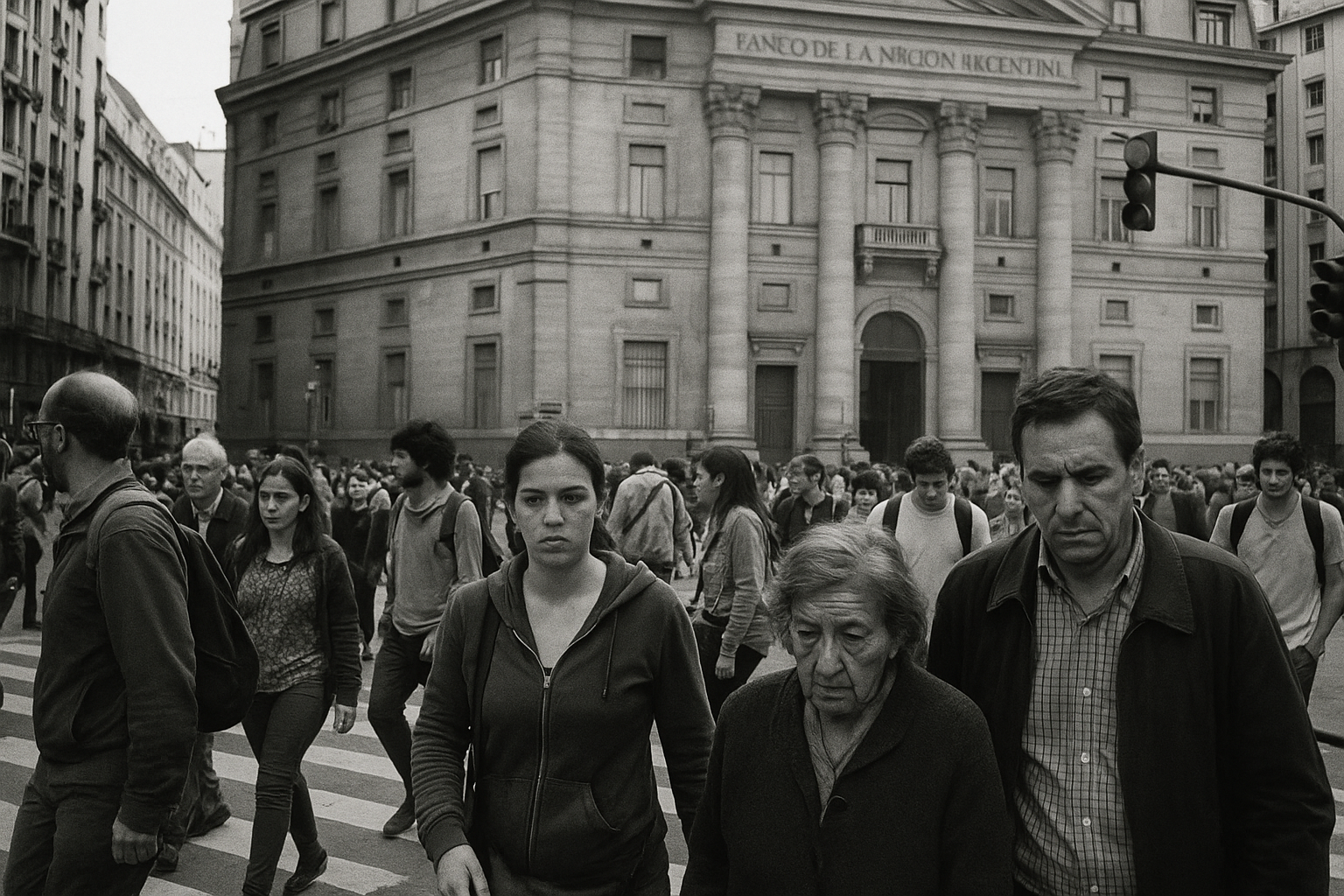 Un banco en Buenos Aires con personas caminando en la calle