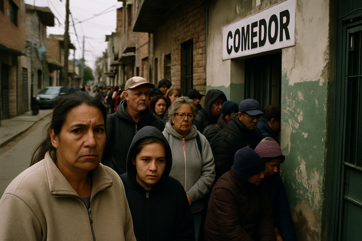Personas hacen fila frente a un comedor comunitario en un barrio de Buenos Aires.