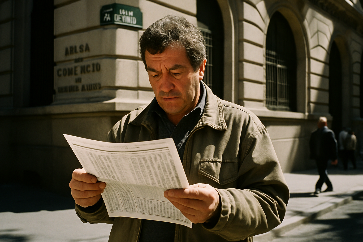Hombre de mediana edad lee un boletín financiero frente a la Bolsa de Buenos Aires.