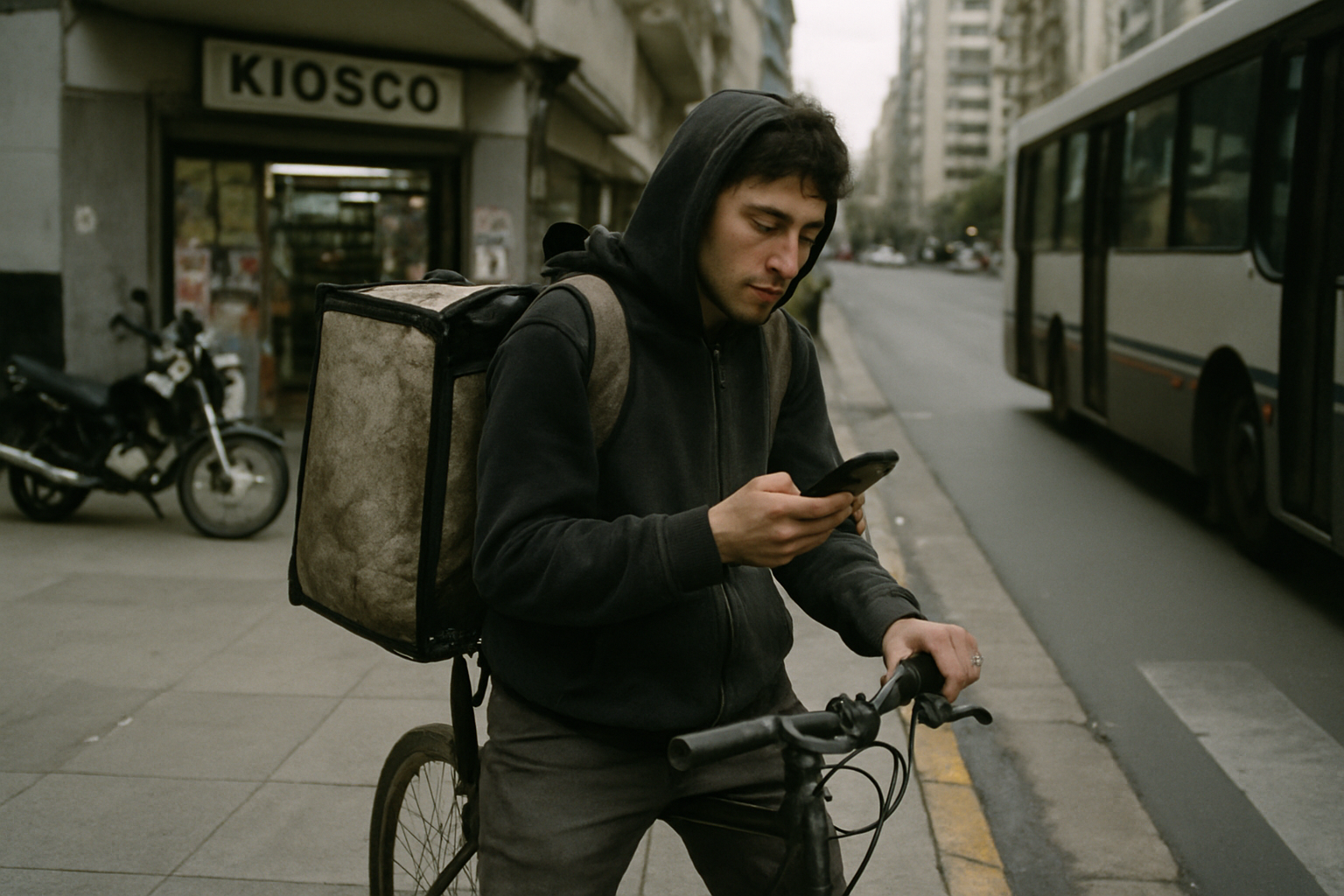 Un repartidor joven descansa en el cordón junto a su moto revisando la app en el celular.