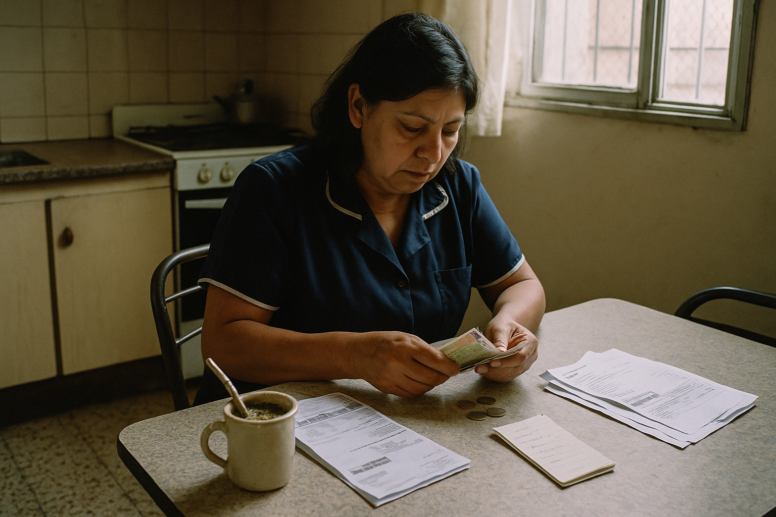 Una trabajadora cuenta billetes sobre la mesa de la cocina junto a boletas de servicios impagas.