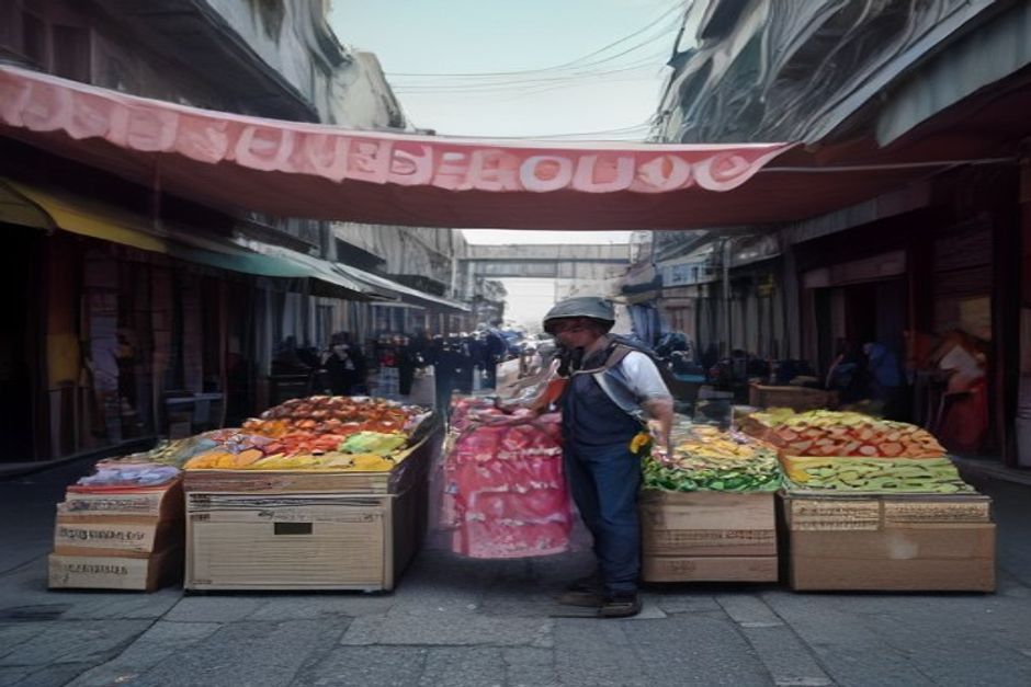 Un vendedor ambulante en Buenos Aires, Argentina, vendiendo frutas y verduras en la vereda, con un cartel en el fondo que dice 'Salario Mínimo: $38.940'