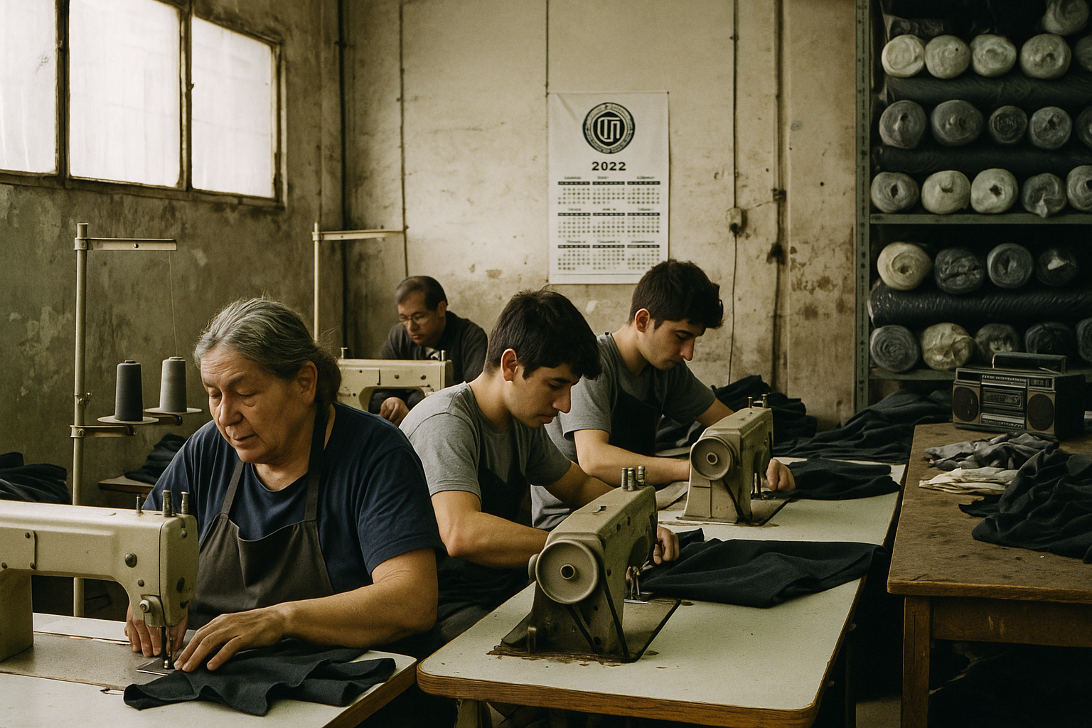 Tres operarios trabajan en máquinas de coser dentro de un pequeño taller textil bonaerense.