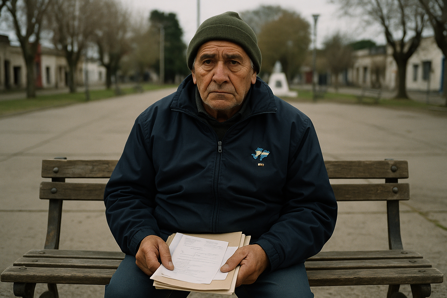 Veterano de Malvinas sentado en una plaza con carpeta de recetas médicas en la mano
